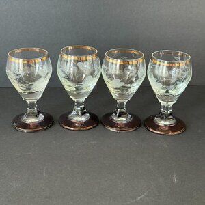 Vintage Gold Rim Etched Glass Cordial Goblets Set Of 4 With Iridescent Base